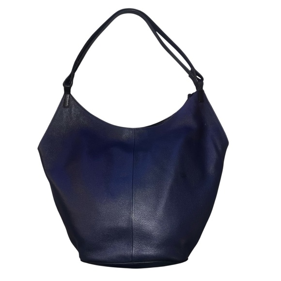 Like New Lucky Brand Azbi Genuine Leather Shoulder Bag Tote Elegant Navy Black - Picture 5 of 14